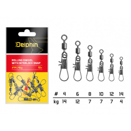 Delphin karabínka s obratlíkom Rolling swivel with interlock snap10ks #14/4kg