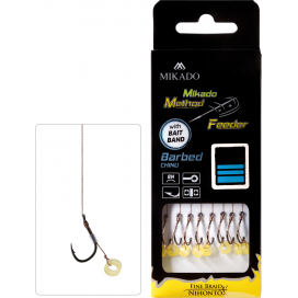Mikado nadväzec mf s gumičkou háčik s protihrotom číslo 8 / pletená šnúra 0.14mm/10cm 8 ks Mikado nadväzec mf s gumičkou háčik s protihrotom číslo 8 / pletená šnúra 0.14mm/10cm 8 ks