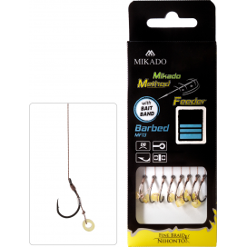 Mikado nadväzec mf s gumičkou háčik s protihrotom číslo 8 / pletená šnúra 0.14mm/10cm 8 ks Mikado nadväzec mf s gumičkou háčik s protihrotom číslo 8 / pletená šnúra 0.14mm/10cm 8 ks